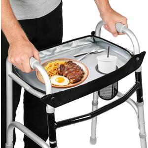 Walker Tray for Folding Walkers - Universal Fit Attachment with Cup Holder & Storage Pouch, Easy-Install Walker Accessory for Meals, Drinks & Daily Use for Seniors