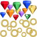 24 Pcs Gold Round Power Rings Paper Diamond Gems Set 12pcs 4" 6" 8" Gold Glitter Rings 12pcs Colorful Power Gems Hedgehog Party Favor for Birthday Movie Cartoon Themed Party Supplies