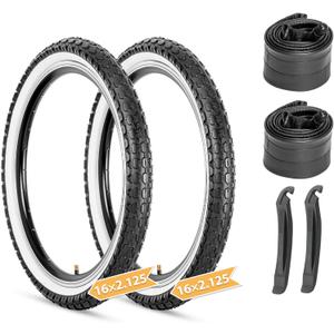 Hycline Kids Bike Replacement Tires Set2-Pack 16/20x2.125 Inch Premium Butyl Rubber Puncture-Resistant Folding Bicycle Tires and 2 Pcs Bike Tubes Schrader Valve with Tire Levers for BMX Urban (White)