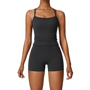 Two Piece Workout Sets For Women Tank Top Matching High Waist Booty Lifting Shorts Gym Yoga Active Wear Outfits (Large, Black)