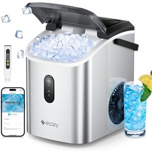 ecozy Nugget Ice Maker Countertop, Smart Portable Crushed Ice Maker with Voice Control, Pellet Chewable Ice 33lbs/24H, Self-Cleaning, with APP WiFi, Timer Function and Status Alerts, Bonus TDS Meter (Silver)