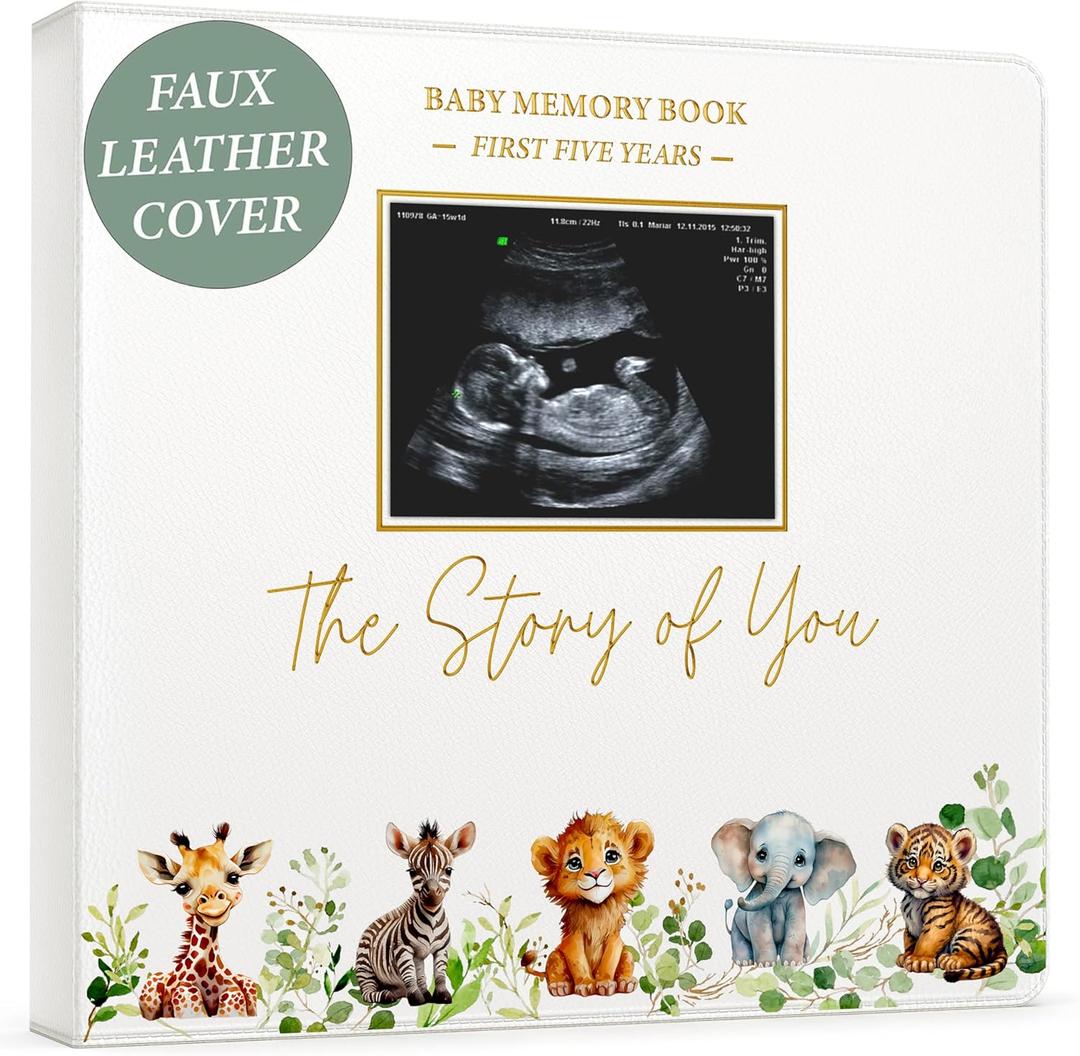 Baby Book Keepsake - Timeless Baby Memory Book for Boy or Girl I First 5 Year I Faux Leather, Gender Neutral, Safari Theme w/Gold Foil Stamp - Baby First Year Book Journal Scrapbook Photo Album Shower