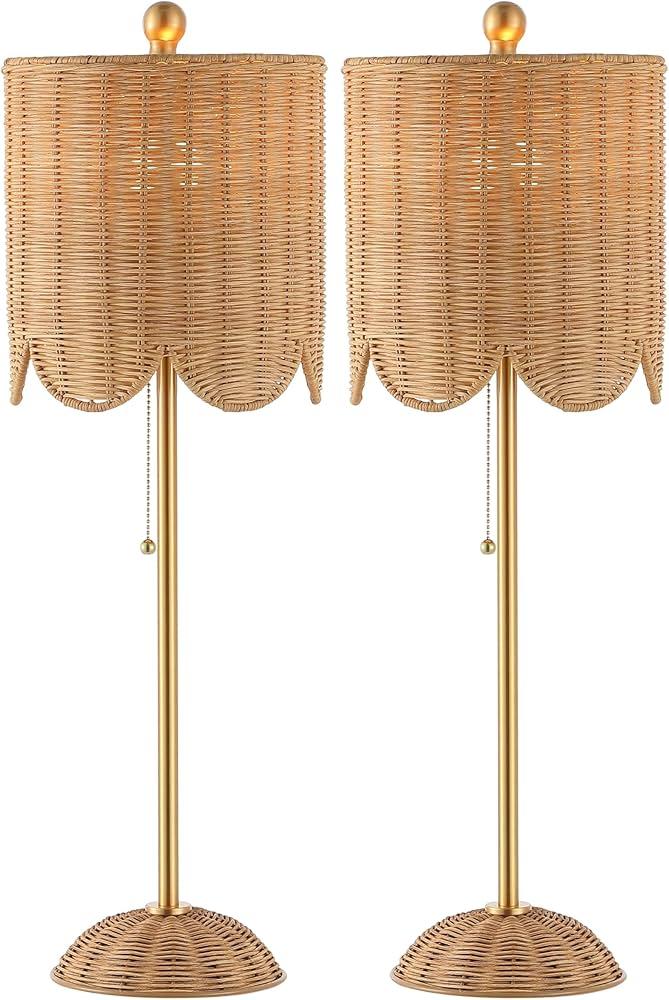 JONATHAN Y JYL1138A-SET2 Celerie 27.5" Coastal Bohemian Rattan/Iron Scalloped Buffet LED Table Lamp with Pull Chain, Natural/Brass Gold (Set of 2)