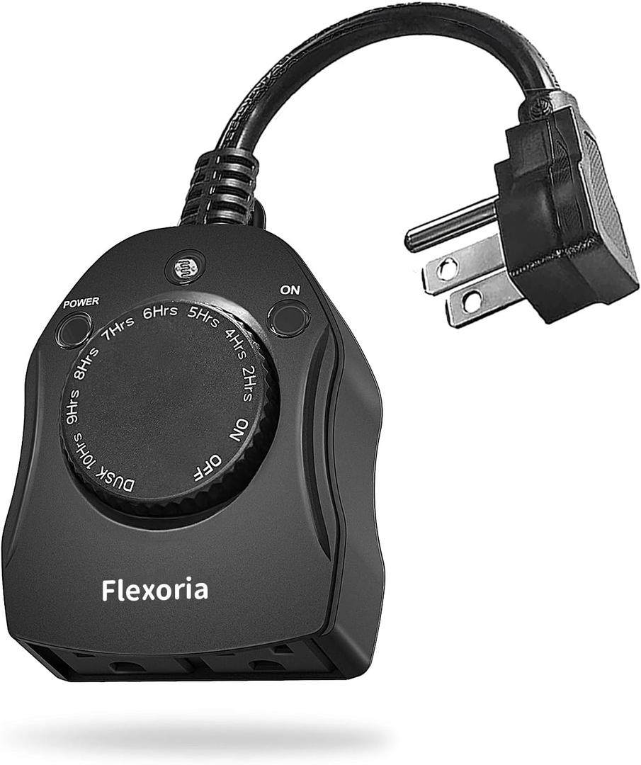 Flexoria Outdoor Timer Outlet Waterproof, Dusk to Dawn Light Sensor Timer, 2 Grounded Electrical Outlets for Christmas Lights, 15A/ 1875W, ETL Listed (1 Pack)