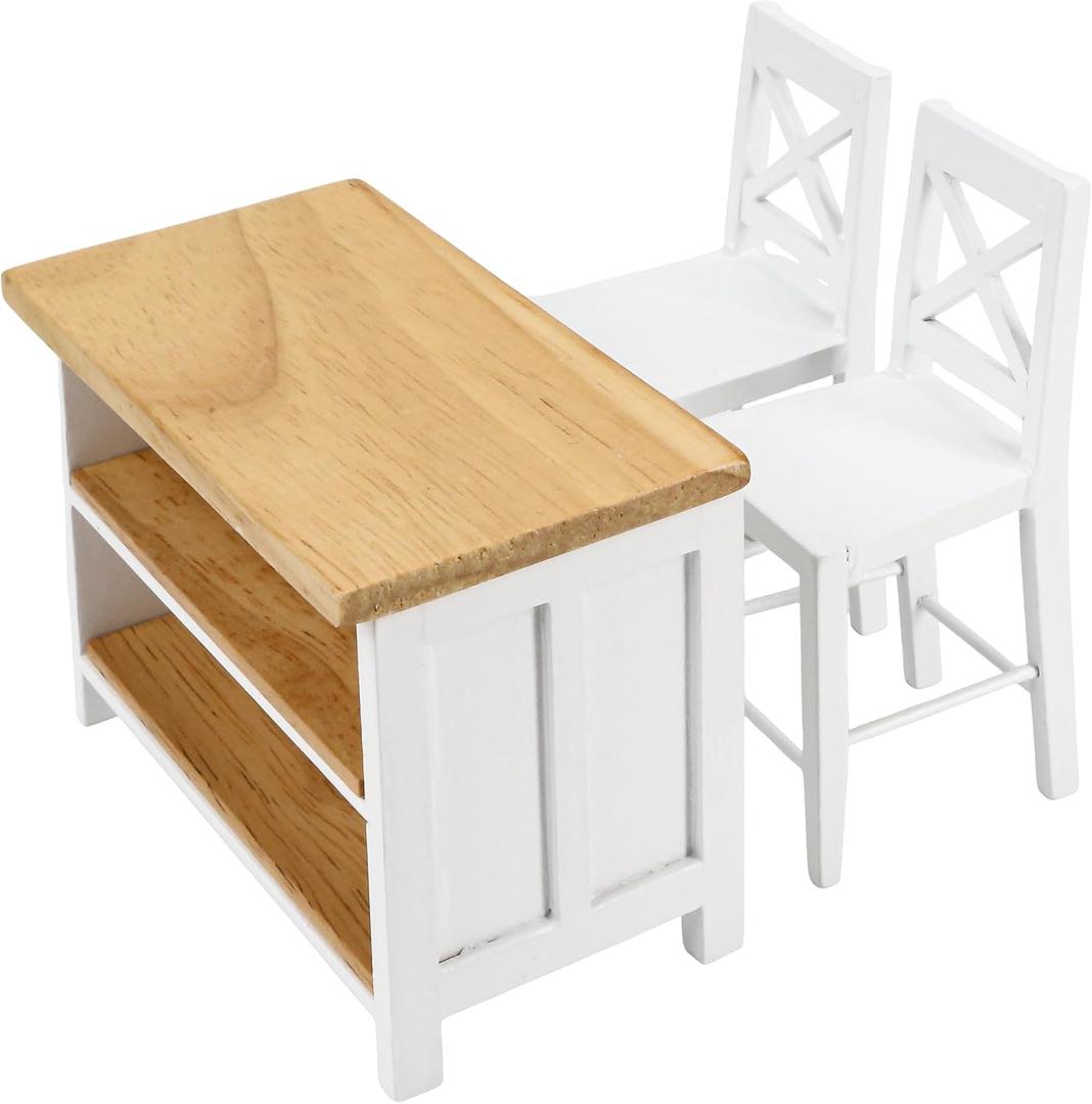 1/12 Dollhouse Kitchen Islands Dining Table Chairs Set Miniature Kitchen with Stools, Modern Wood Furniture for Dollhouse Room Decor Realistic Miniatures for Restaurant Bar Pub Barbie Crafts