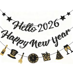 IMISHM Glitter Black New Years Decorations New Years Party Decorations 2026 Pre Strung New Year