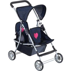 The New York Doll Collection First Twin Stroller - Cutest Heart Design Baby Strollers Great Toy Gift for Toddlers and Girls (Denim) Blue, Pink