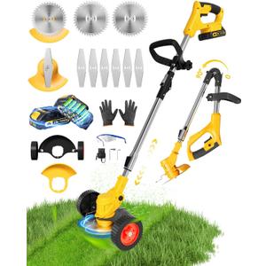 Electric Weed Wacker, Foldable Cordless Weed Eater Battery Powered, 3-in-1 Stringless Lightweight Brush Cutter Grass Trimmer Lawn Tool with Adjustable Length for Garden and Yard (Yellow)