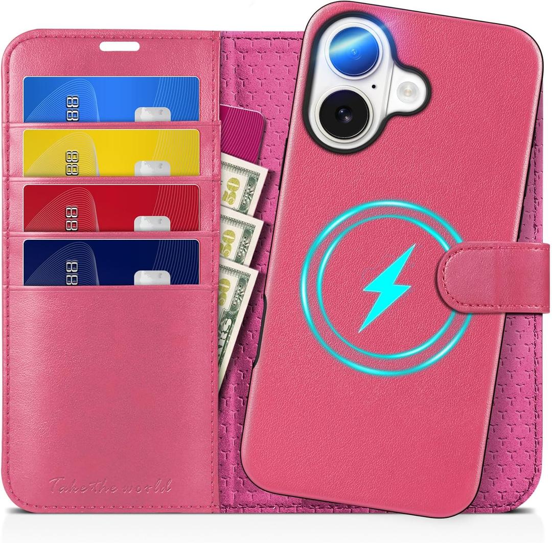 TUCCH Case for iPhone 16, [Detachable] 2 in1 Magnetic PU Leather Wallet Case with RFID Blocking [Wireless Charging] 4 Card Slot Kickstand Removable Shockproof Cover Compatible with iPhone 16, Hot Pink