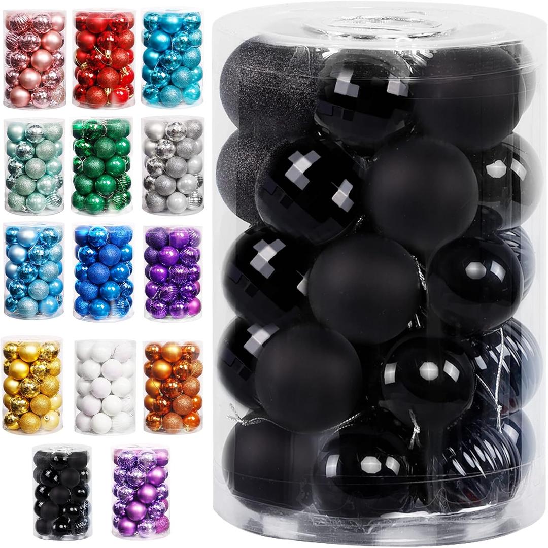 Lulu Home Halloween Hanging Ornaments, 34 Count 1.57" Pre-Strung Plastic Balls, Shatterproof Barrel Packed Balls for Holiday Party Wreath Tabletop Tree Decorations, Black