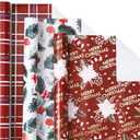 LeZakaa Christmas Red Wrapping Paper Roll - Mini Roll - Mushroom Printing, Flower Metallic Foil, Red Backing Plaid Collections for Christmas Holiday Party - 17 x 120 inches - 3 Rolls (42.5 sq.ft.ttl.)