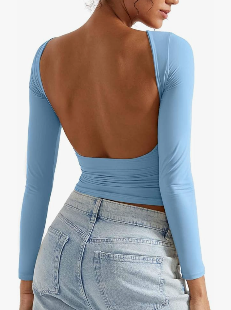 SUUKSESS Women Backless Going Out Tops Double Lined Open Back Basic Long Sleeve XS