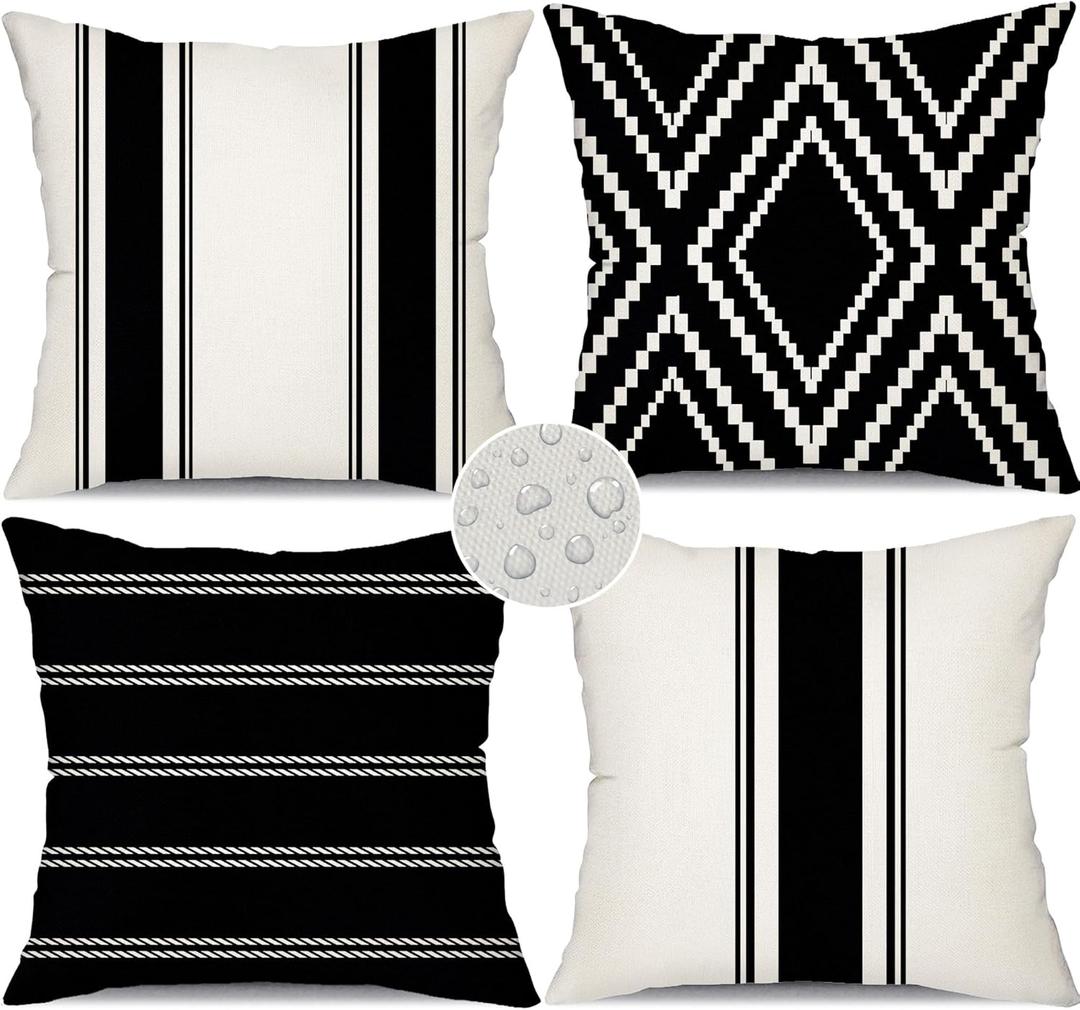 DFXSZ Outdoor Pillow Covers 18x18 Inch Set of 4 Waterproof Modern Geometry Throw Pillows Outdoor Summer Waterproof Decor for Patio Funiture Garden Polyester Cushion Covers 013A (Black)