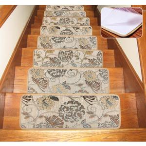 Seloom Washable Non-Slip Stair Treads Carpet with Skid Resistant Rubber Backing Specialized for Indoor Wooden Steps (25.5x9.5 Inch, 13Pieces, BeigeFlower)