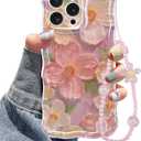 Jusy Oil Painting Flower Compatible with iPhone 16 Pro Max Case, with Bracelet Chain, Colorful Retro Floral Cute Curly Wave Frame Women Girls-Pink