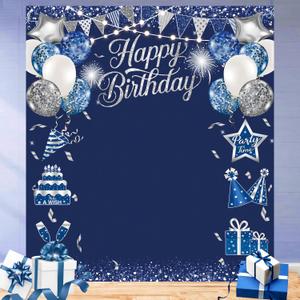 Large Blue Happy Birthday Backdrop Glitter Blue Silver Balloons Decoration Birthday Background for Outdoor Birthday Party Banner Cake Table Dessert Table Photo Supplies