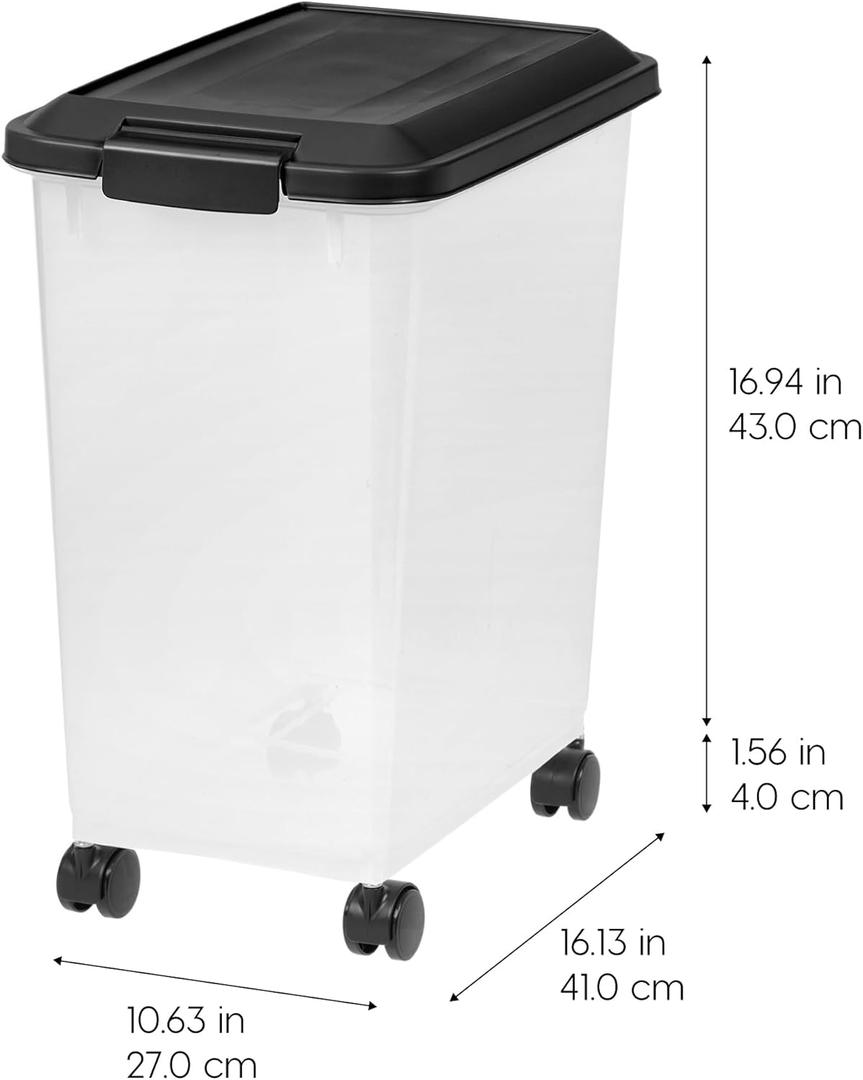 IRIS USA Dog Food Storage Container, 1 Pack, Up to 30 lbs Each, Airtight Seal for Freshness, Wheels for Rolling, Easy One Hand Opening, Made in USA, BPA Free, Clear/Black