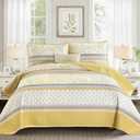 DJY Striped Quilt Set Queen Size, Yellow Grey Boho Striped Patchwork Leaves Printed Bedspread Coverlet Set 3 Pieces Soft Lightweight Microfiber Quilted Bedding Set for All Season (96"x90")