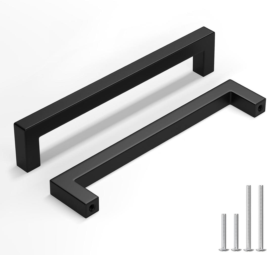 homdiy 10 Pack Black Cabinet Handles, 6-5/16 Inch(160 mm) Hole Centers Cabinet Pulls, Matte Black Square Drawer Dresser Handles, Kitchen Hardware for Cabinets Cupboard Square Drawer Pulls