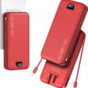 20000mAh Ultra-Portable-Charger-Power-Bank with Built-in Cables & AC Wall Plug, PD20W USB-C Fast Charging Cell Phone Charger Battery Pack, LED Display Travel Battery Bank for All iPhone, Samsung, Android (Red)
