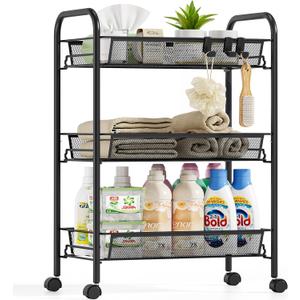 SYKIARIOL Metal Rolling Utility Cart, 3-Tier Mesh Wire Storage Trolley with Easy Assembly, Organizer Craft Cart 3 Hooks, Mobile Shelving Unit for Kitchen, Bathroom, Laundry Room, and Home (Black)