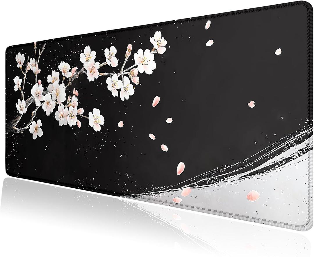 Black and White Japanese Cherry Blossom Large Mouse Pad, Desk Mat Computer Keyboard Pad Non-Slip Rubber Base Waterproof with Stitched Edges for Laptop Gaming, Office & Home 31.5 x 11.8 Inch