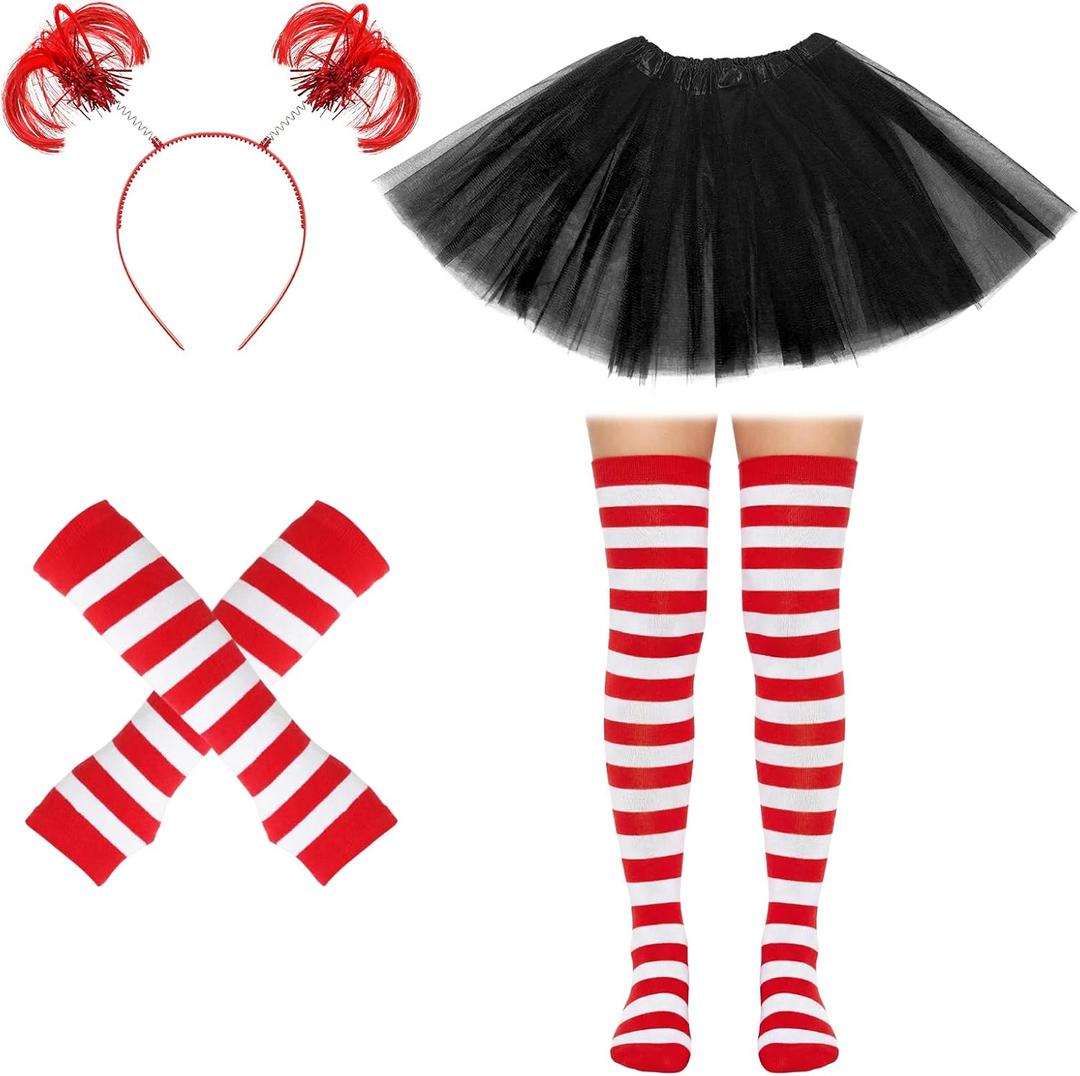 4PCS Women's Tutus Costume Set Tutus Skirt Striped Socks Thumb Hole Gloves Headband for Adult Halloween Cosplay
