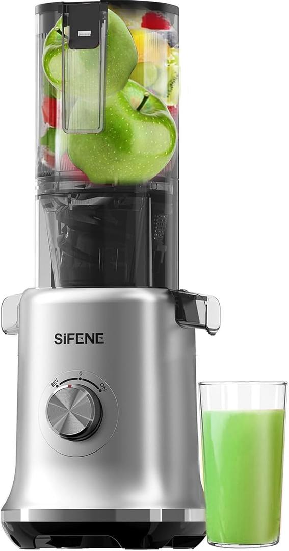 SIFENE Masticating Juicer Machine  4.3 Extra Large Feed Chute, BPA-Free Cold Press, Easy Assembly & Hand Wash, Quiet Motor, High Juice Yield for Whole Fruits, Celery, Carrot, Leafy Greens, Gray