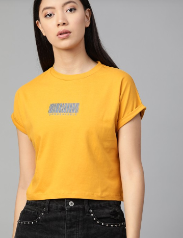 Women Mustard Yellow Solid Round Neck Boxy Cropped T-shirt Roadster (Yellow, Large)