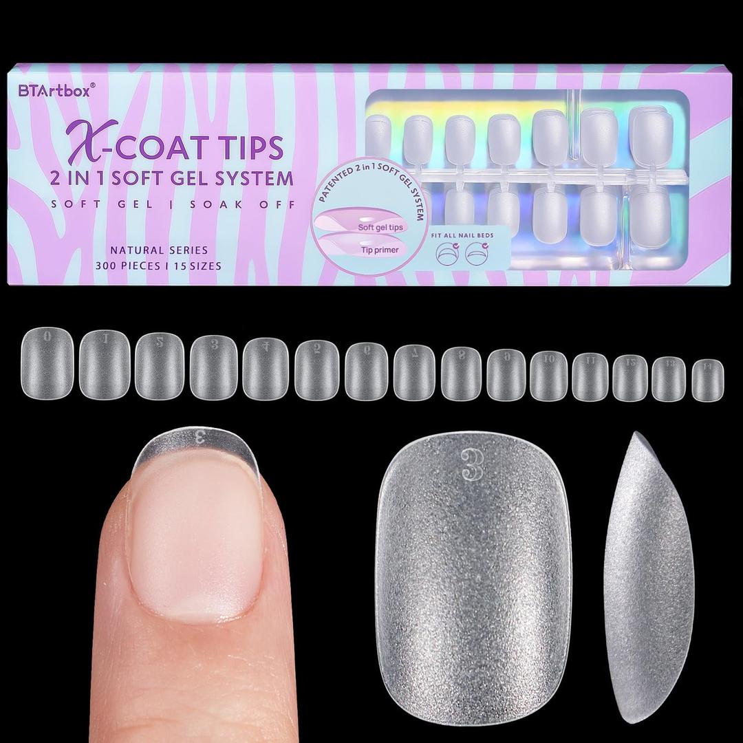 BTArtbox Extra Short Square Nail Tips - Short Squoval Gel Nail Tips, Natural Fake Nails with Tip Primer Cover, Pre-shaped Upgrade Matte Full Cover Nails for Home DIY Nail Salon (Clear)
