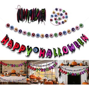 Pre-Strung Happy Halloween Banner, 9.8FT Felt Garland with 3D Eyeballs for Halloween Decorations, 2Pcs Indoor Banner for Mantle Indoor Fireplace Window Wall Home Party Decor