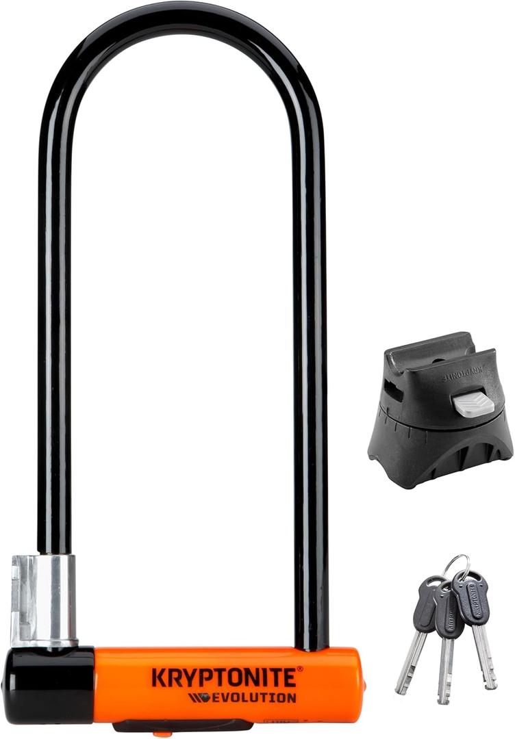 Kryptonite Evolution Long Shackle Bike U-Lock, Anti-Theft Security, 14mm Steel Shackle with Mounting Bracket and Keys, High Security for Bicycles Scooters,Black