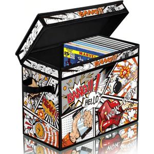 Comic Book Storage Box, 15.3" x 7.8" x 11.8" Large Comic Book Case, Oxford Fabric Organizer, Collapsible Storage Bin with Lid and Handles for Books Magazines Collections, Cartoon Colorful