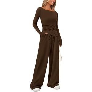 PRETTYGARDEN Women's 2 Piece Lounge Sets Asymmetrical Long Sleeve T Shirt Wide Leg Pants Casual Outfits Tracksuit, Brown, XL
