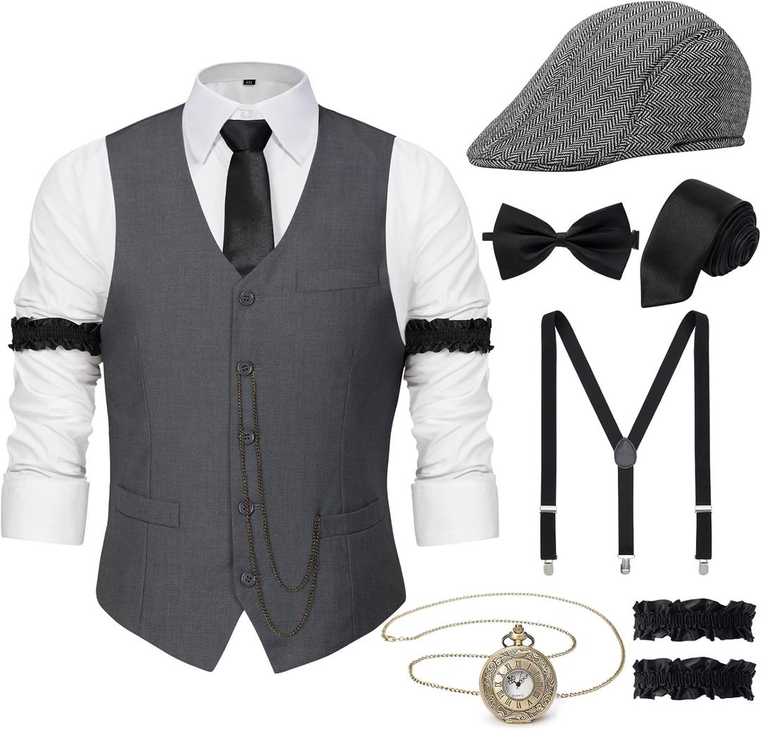 YESSA 1920s Mens Costume Gatsby Gangster Costume Accessories Set-1920s Hat Vest Pocket Watch Tie-Roaring 20s Costumes for Men (Medium, Grey)