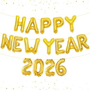 KatchOn, Gold Happy New Year 2026 Balloons - 16 Inch | Happy New Year Balloon and 2026 Gold Number Balloons for Happy New Years Decorations 2026 | New Years Eve Party Supplies 2026