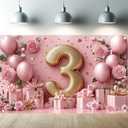 Starlit Patio Pink 3rd Birthday Backdrop 71 x 43 Inch Gold Balloon Number Party Banner Elegant Floral Photo Booth Background Decorations for Girls Kids Third Birthday Celebration