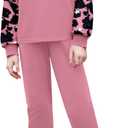 Girls Clothes Leopard Patchwork Sweatshirt Elastic Waist Sweatpants with Pockets 2PCs Girls' Clothing Sets (9-10 Years)