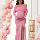 Maternity Long Sleeve Off Shoulder Baby Shower Dress Party Mesh Paneled Split Maxi Photography Gown for Photoshoot (Pink, S)