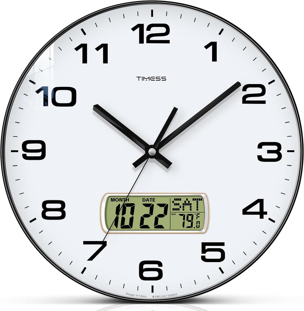 TIMESS Wall Clock, 10" Dial Non-Ticking Silent Battery Operated Analog with LCD Display for Perpetual Calendar and F Temperature, Ideal Modern Home, Bedroom, Kitchen, Office Decor (Black)