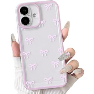 NITITOP Compatible with iPhone 16 Case Clear Cute Durable Bowknot Ribbon Pattern for Girls Women Transparent Soft TPU Full Camera Lens Shockproof Protective Phone Cover - Pink2