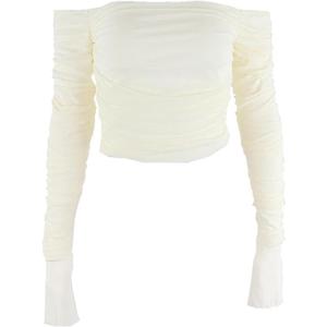 Mesh Patchwork Women Long Sleeve Crop T Shirt Ruched Off Shoulder Bodycon Sexy Elegant Streetwear Spring Summer (Large, Yellow)