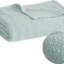Madison Park Freshspun Basketweave Luxury Cotton Blanket Blue 66x90" Twin Size Basketweave Premium Soft Cozy 100% Cotton For Bed, Couch or Sofa