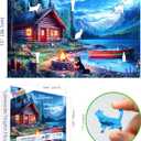 Moonlit Lake Cabin 500 Piece Jigsaw Puzzle for Adults & Seniors, Night Scenery Puzzle with Log Cabin, Lake, Mountains Adult Jigsaw Puzzles with Letters on Back Fun Family Puzzle Gift