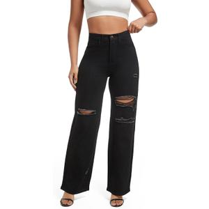 Aodrusa Ripped Wide Leg Jeans for Women Mom Baggy Straight Leg Stretchy Boyfriend Trendy Trouser Denim Pants (Black, L)