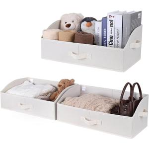 WUIKE 3 Pack Extra Large Closet Storage Bins with Handles, Fabric Trapezoid Storage Binsr for Organizing Clothes, Sheets, Blankets, White & Beige