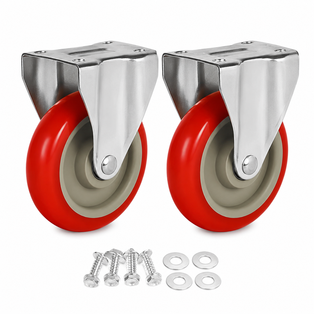 2 Pack 5" Caster Wheels On Red Polyurethane Wheels Top Plate Non Swivel Rigid Fixed Stationery with Hardware