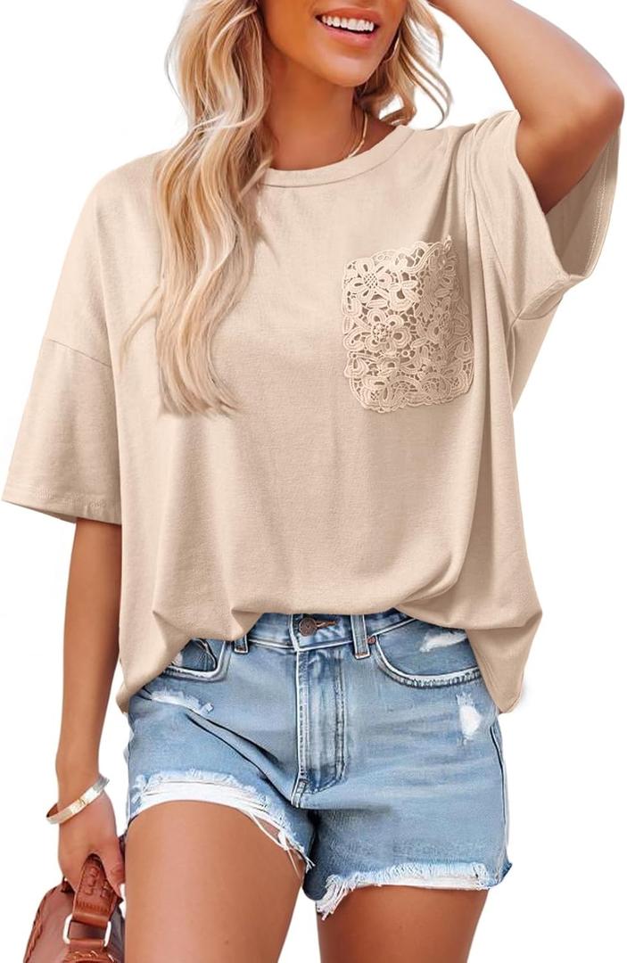 Dokotoo Womens Tops Cute Lace Summer Short Sleeve 2026 Oversized Casual T Shirts Lace Pockets (Beige, M)