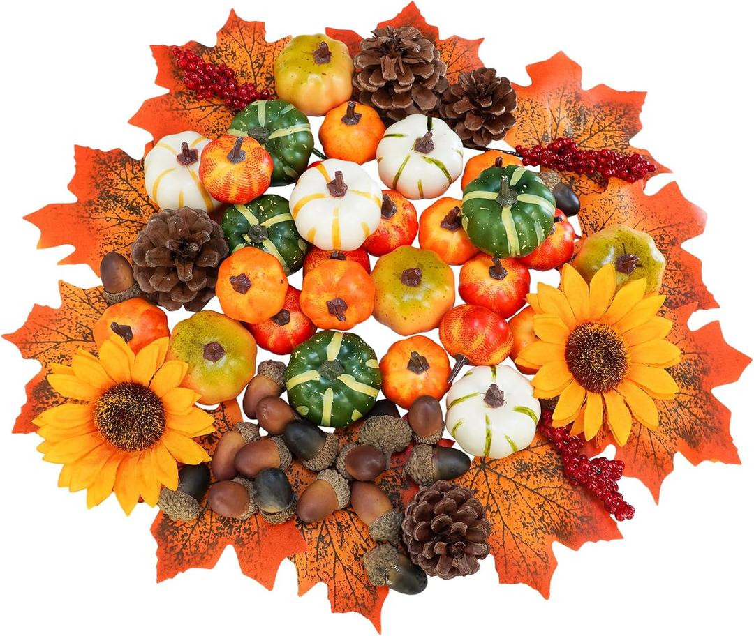 68 Pcs Assorted Mini Artificial Pumpkins with Maple Leaves Pinecones Acorns Sunflowers Berries Fall Decorating Kit for Fall Wedding Thanksgiving Halloween Table Centerpiece Wreaths Vase Bowl Fillers