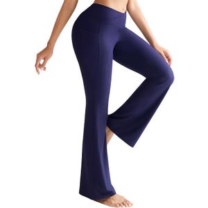 RUNNING GIRL Womens Ribbed V Crossover High Waist Yoga Pants Flare Leggings for Women with Side Pockets (Small)